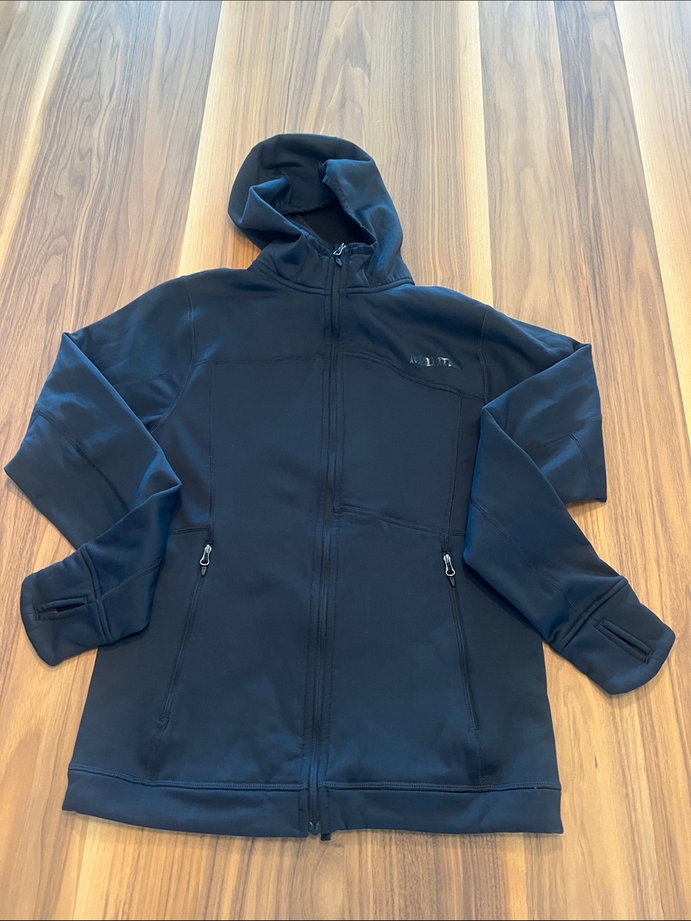 Marmot Men's Black Hooded Softshell Jacket, size small.
